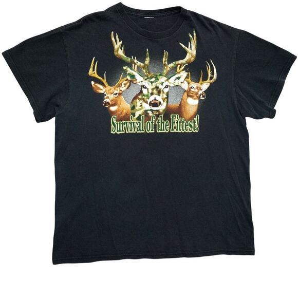 Vintage Survival of the Fittest Camo Deer Graphic Tee – Black – Size XL – - Picture 1 of 4
